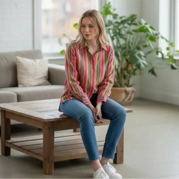 Foxcroft Striped Long Sleeve Button Down Shirt Size 14 - Picture 4 of 10